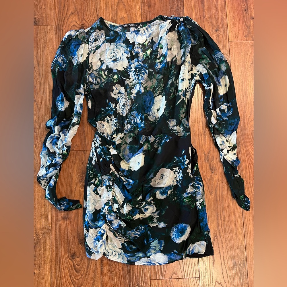 Zara Size M Blue Floral Sheer Dress